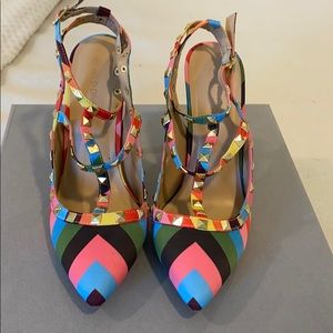 New - gold studded multi-colored striped heels